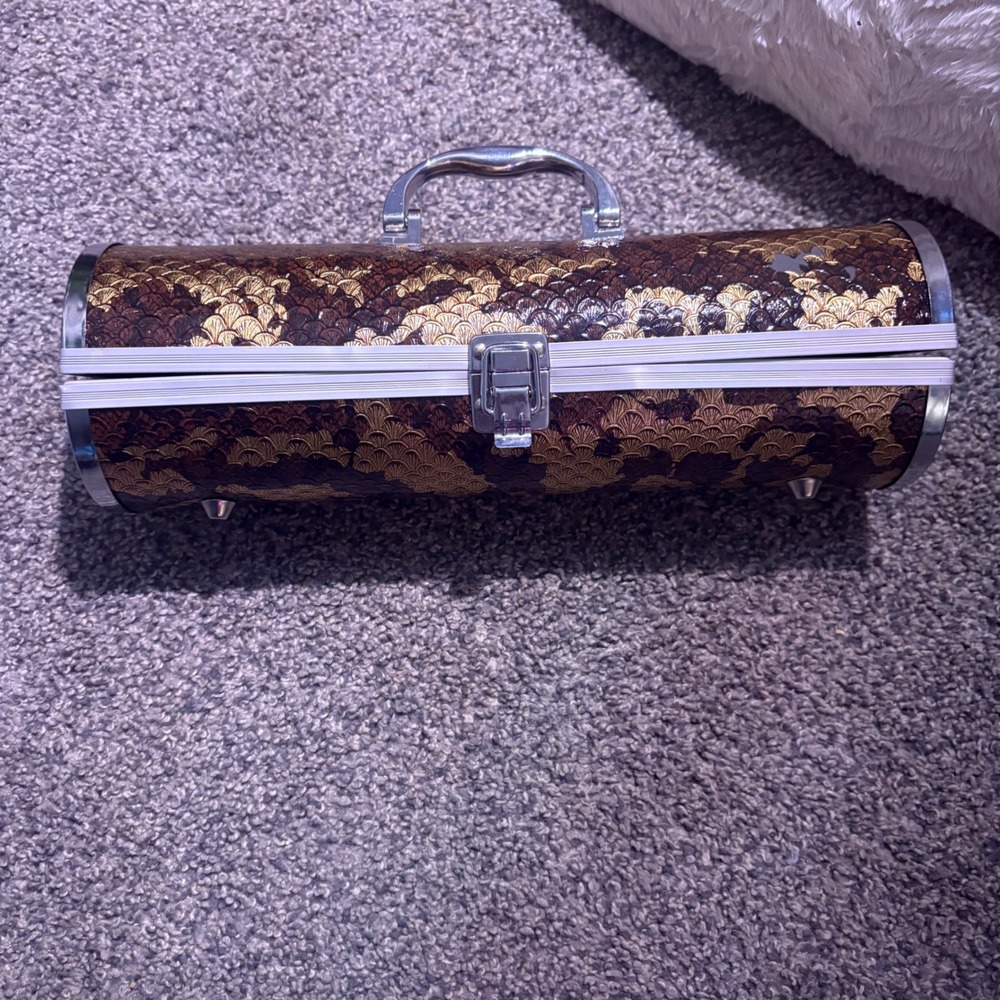 Unbranded Cylindrical Hard Case Women OS Gold Brown Good Metallic Fan Pattern